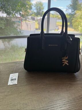 Michael Kors Black Pebbled Leather Satchel with Gold MK Charm